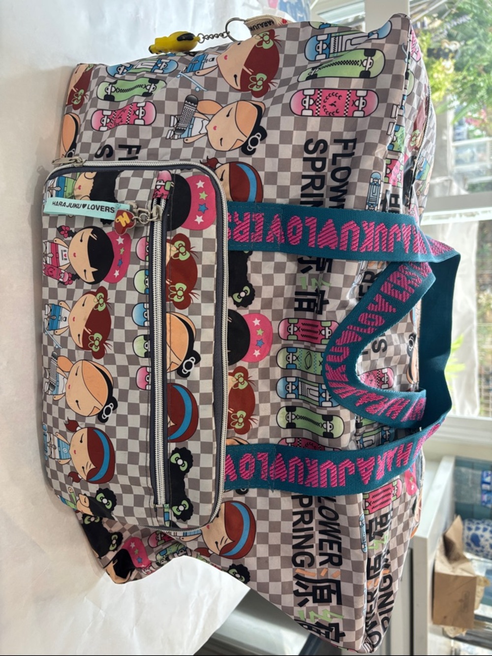 Harajuku Lovers Checkerboard Character Weekender Bag - Pink & Teal Straps